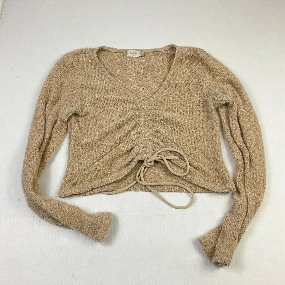 Altar'd State Lace Up Cropped Sweater Beige Long Sleeve V-Neck Pullover Medium